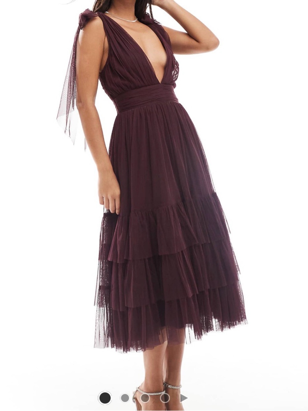 Lace & Beads Burgundy Wine Tulle Flutter Sleeve Tiered Maxi Dress - Size 8